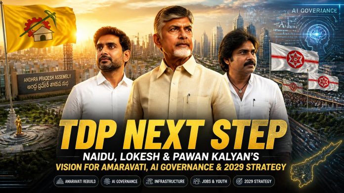 TDP Next Step Political Poster Featuring Chandrababu Naidu, Nara Lokesh and Pawan Kalyan TDP next step”